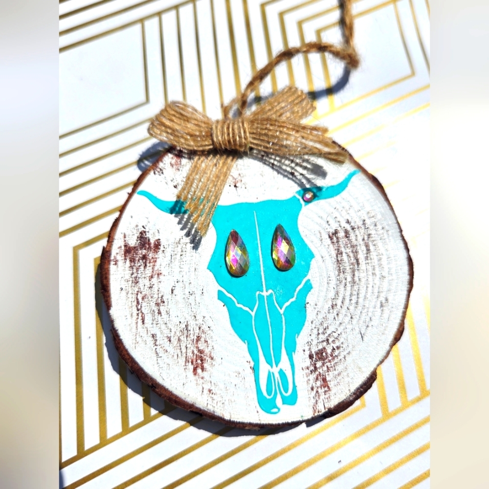 Rustic Blue Skull Ornament with Burlap Bow